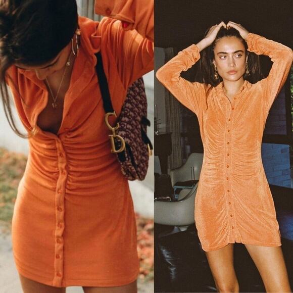 With JeanAndy Dress Maple Ruched Front Slinky Shirt Dress Orange XS
